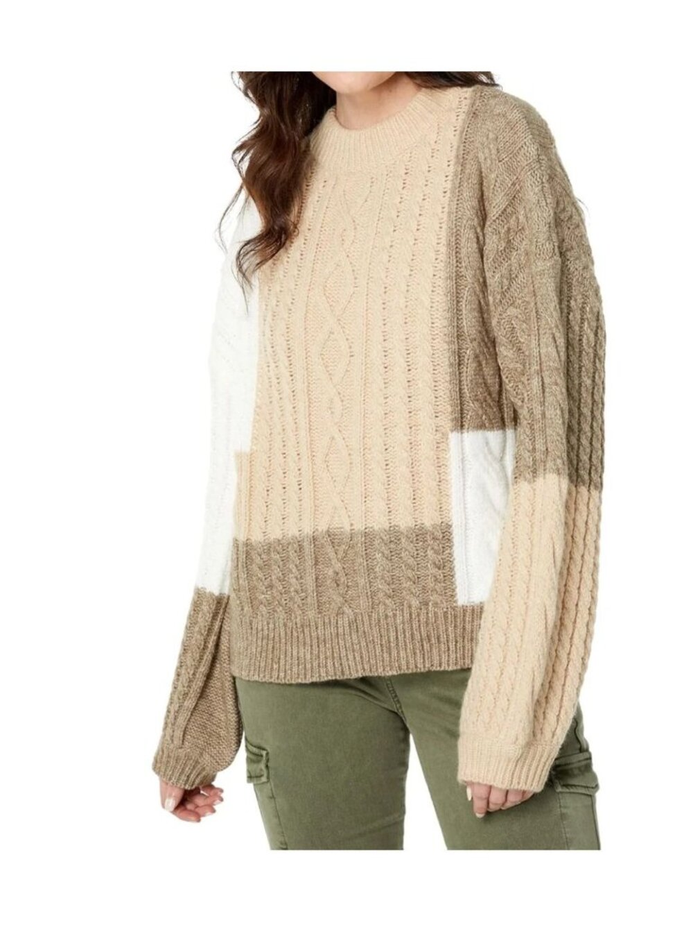 En Saison Colorblock Cable Knit Sweater in Neutral Tones - Size S